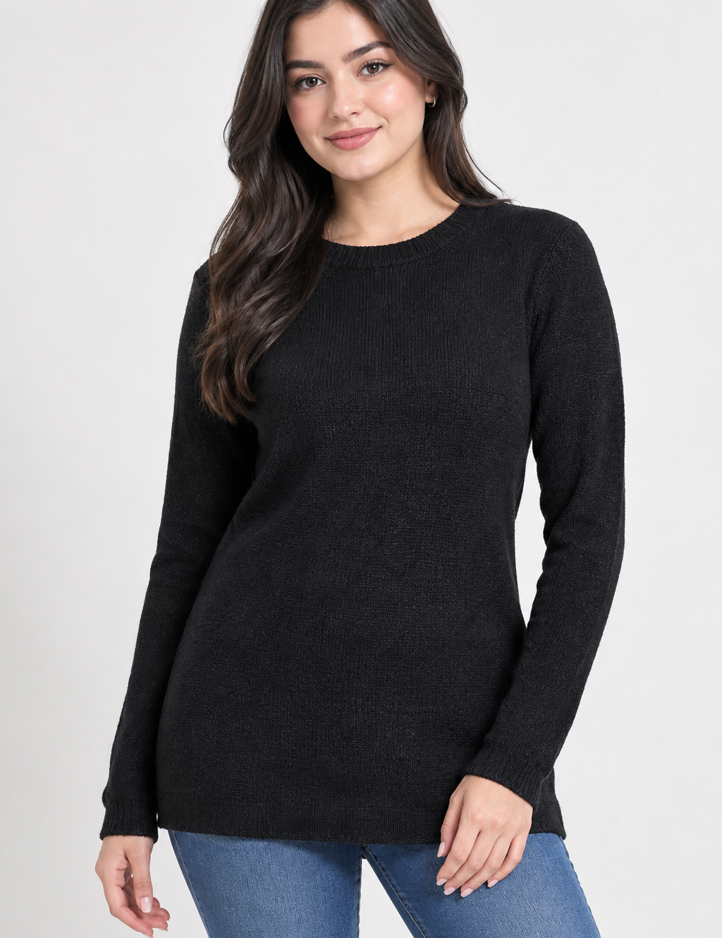 PrettyLittleThing black knit jumper in UK size M. Long sleeve, round neck and longer below-waist fit, perfect for casual everyday styling.