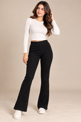 PrettyLittleThing Women Black Ribbed Flared Trousers