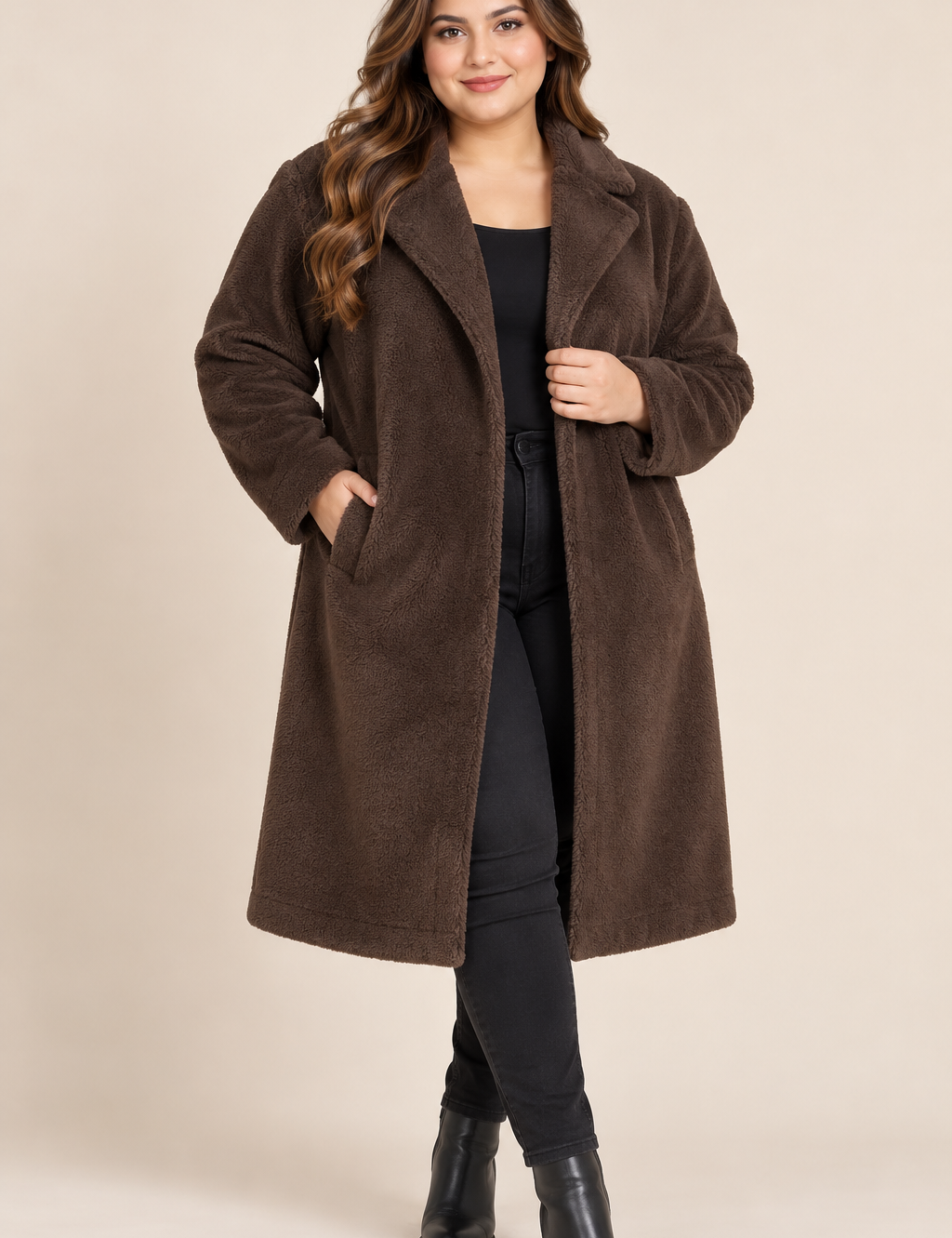 this PRETTYLITTLETHING brown teddy long coat in UK Size 3XL. Soft, warm and comfortable with lapel collar, side pockets and a stylish plus-size fit.