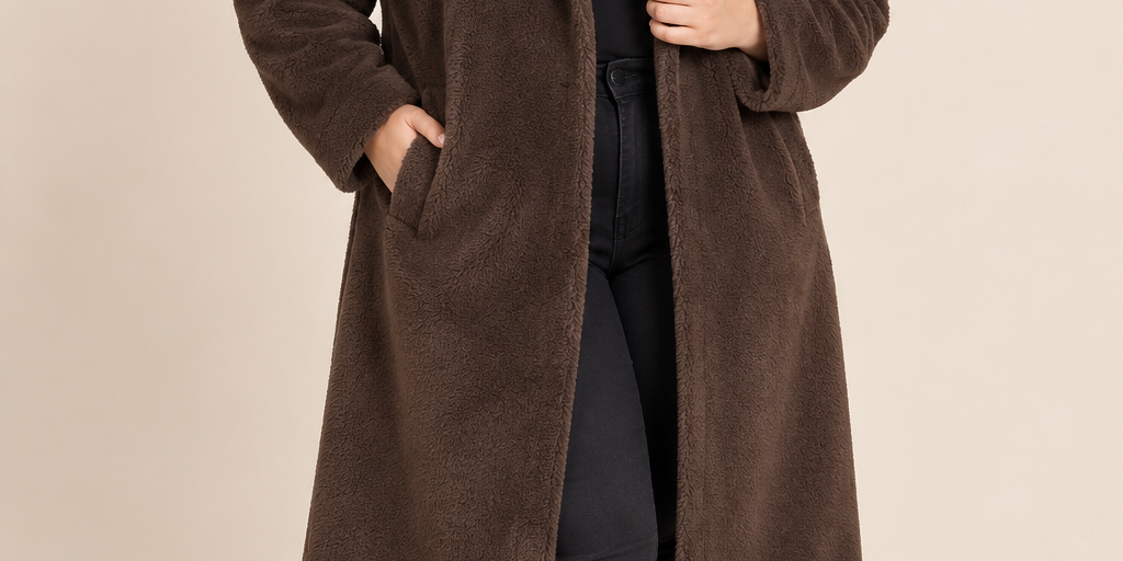 this PRETTYLITTLETHING brown teddy long coat in UK Size 3XL. Soft, warm and comfortable with lapel collar, side pockets and a stylish plus-size fit.