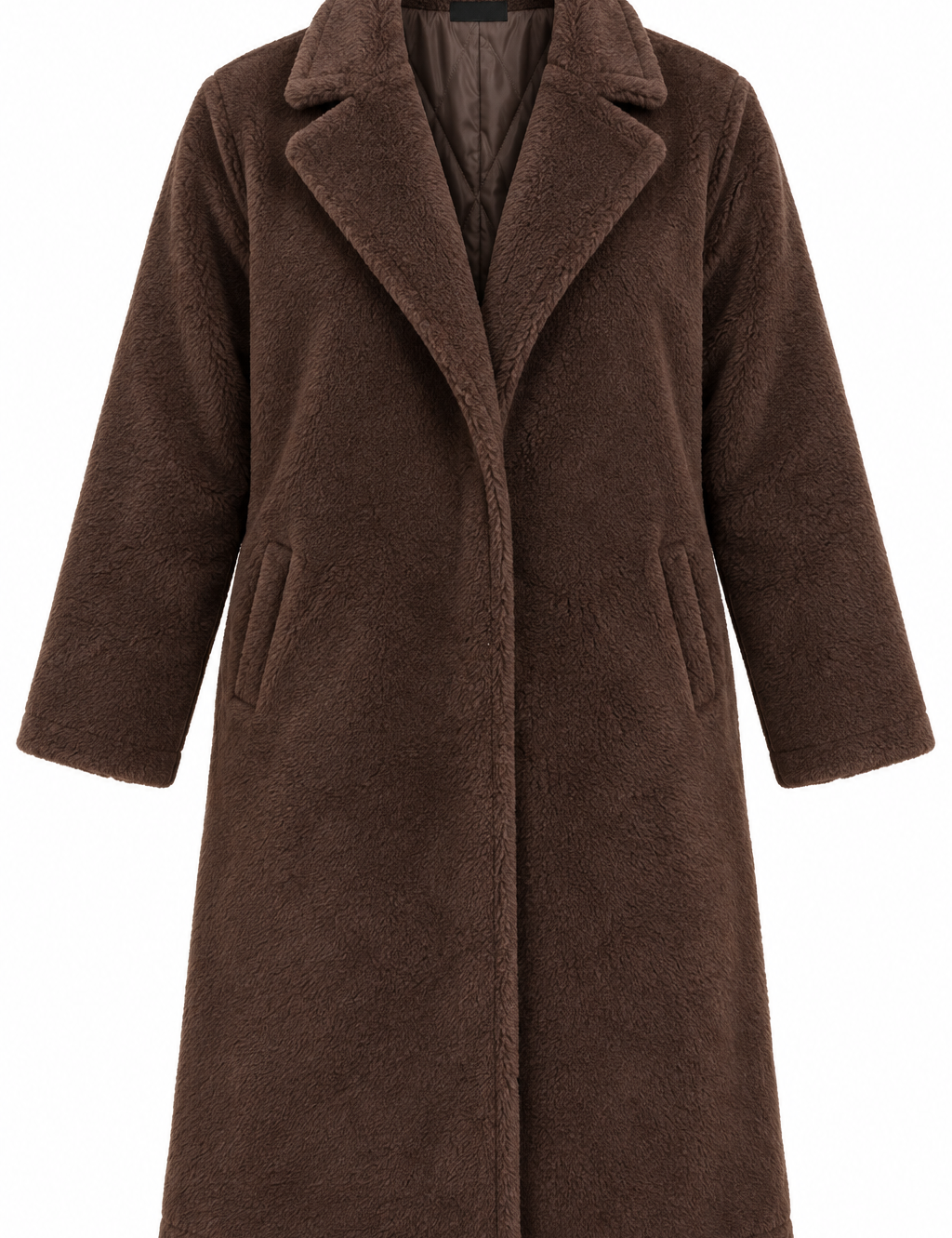 this PRETTYLITTLETHING brown teddy long coat in UK Size 3XL. Soft, warm and comfortable with lapel collar, side pockets and a stylish plus-size fit.