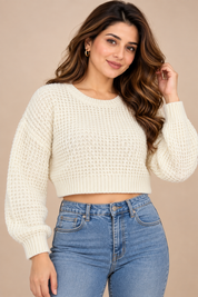  PrettyLittleThing women’s cream chunky knit cropped jumper in UK Size L. Stylish textured knit with long sleeves and a relaxed cropped fit.