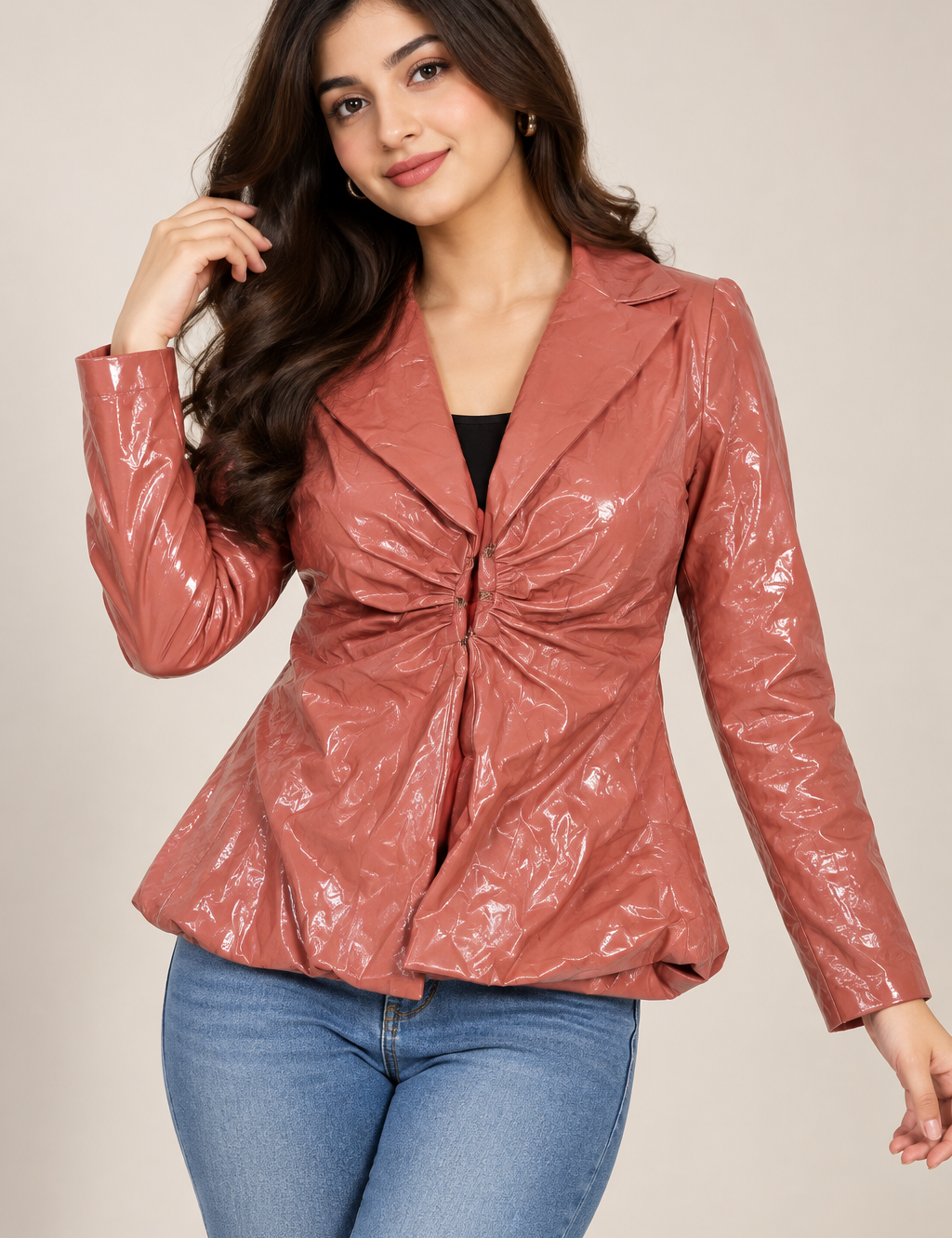 PrettyLittleThing women’s glossy ruched blazer jacket in dusty rose, UK Size L. Stylish fitted design with long sleeves and statement shine.