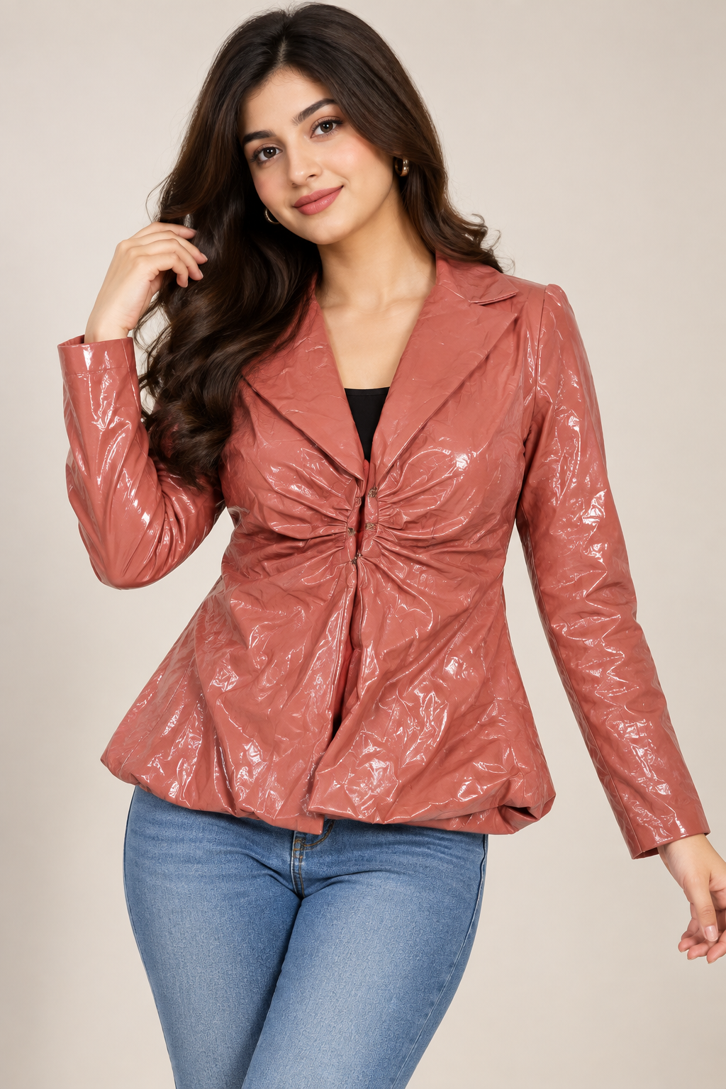PrettyLittleThing women’s glossy ruched blazer jacket in dusty rose, UK Size L. Stylish fitted design with long sleeves and statement shine.