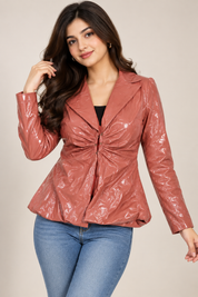PrettyLittleThing women’s glossy ruched blazer jacket in dusty rose, UK Size L. Stylish fitted design with long sleeves and statement shine.