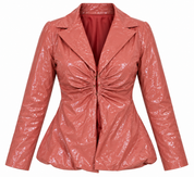 PrettyLittleThing women’s glossy ruched blazer jacket in dusty rose, UK Size L. Stylish fitted design with long sleeves and statement shine.