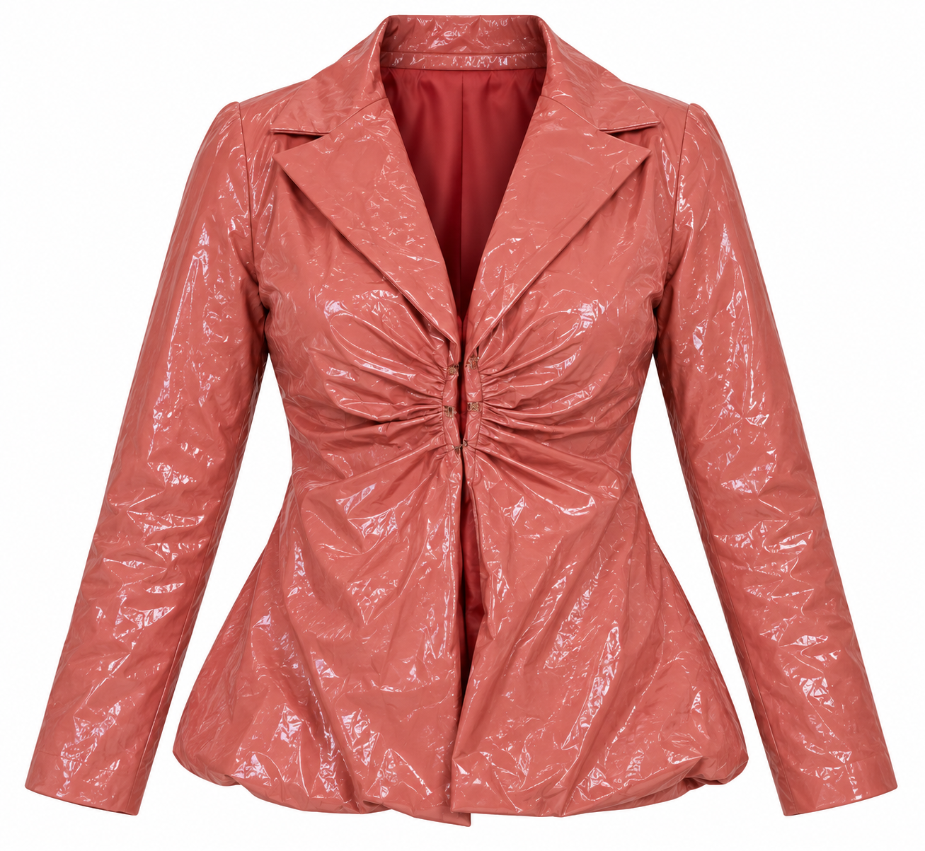 PrettyLittleThing women’s glossy ruched blazer jacket in dusty rose, UK Size L. Stylish fitted design with long sleeves and statement shine.
