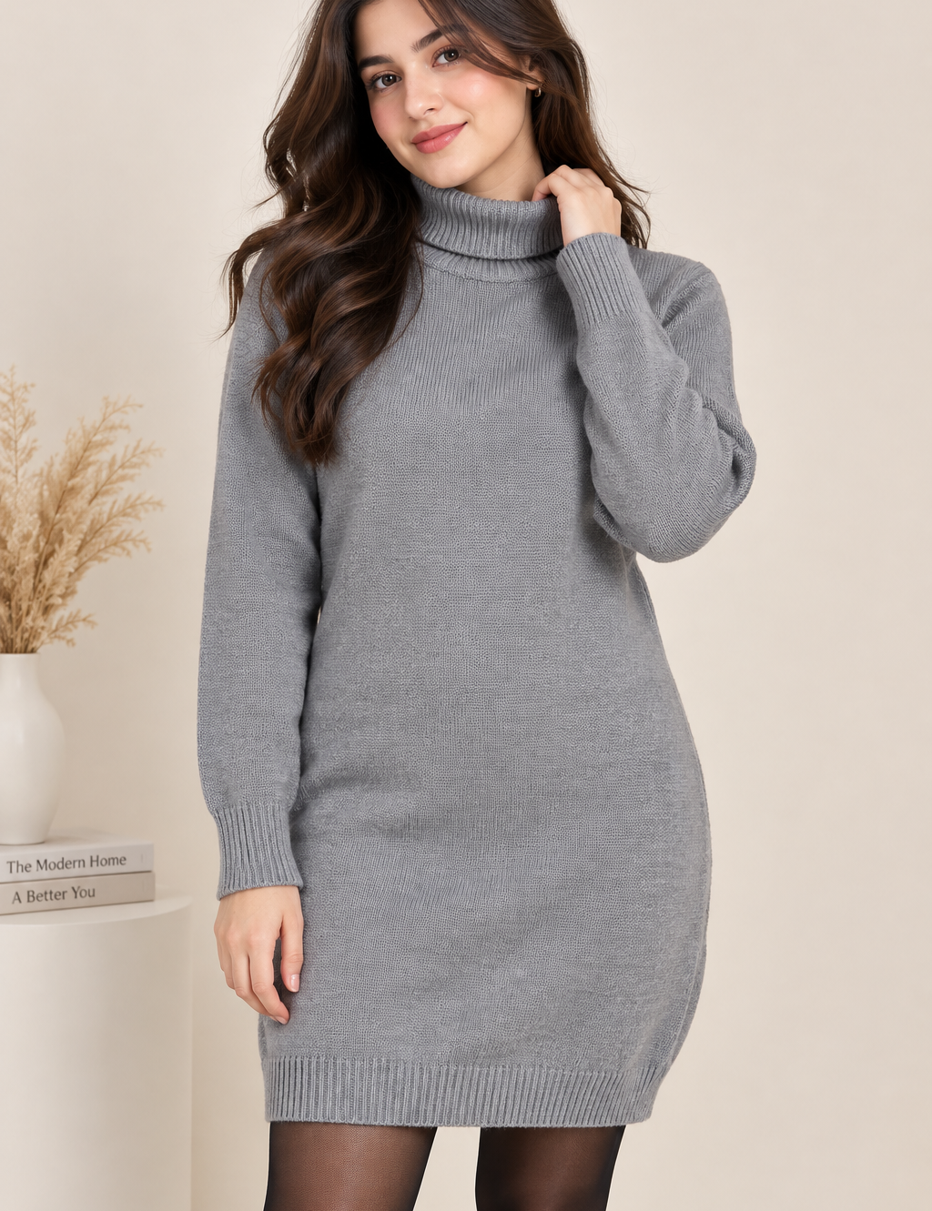 Shop PrettyLittleThing women’s grey knitted turtleneck jumper dress in UK Size S. A cosy long-sleeve winter essential for stylish everyday wear.