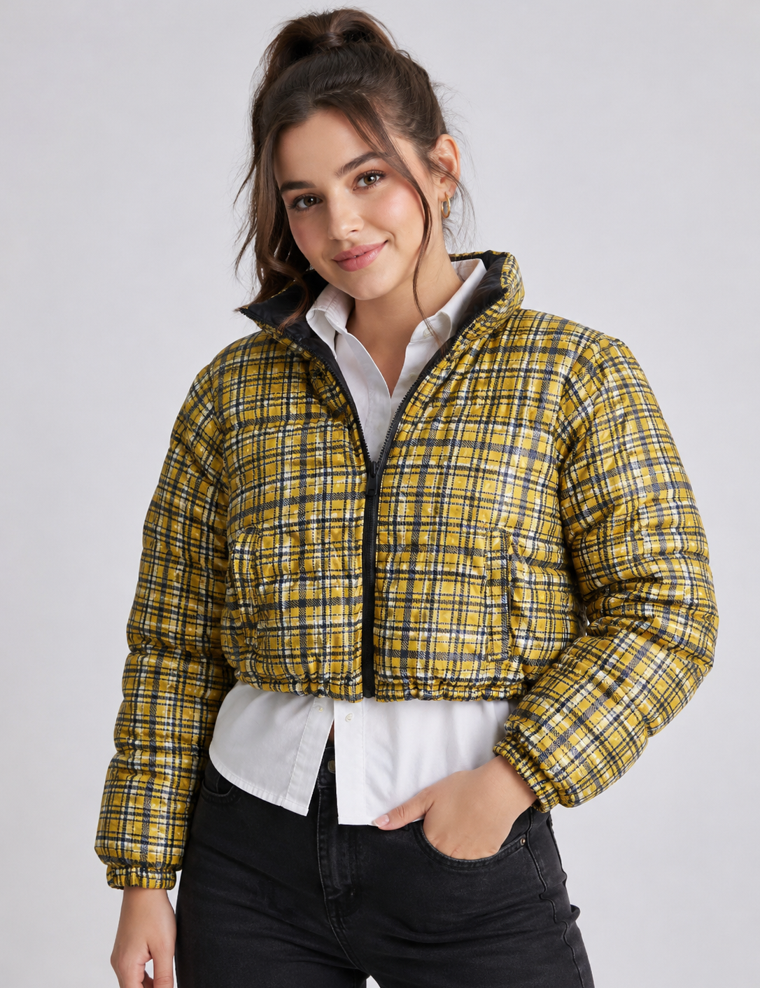 PRETTYLITTLETHING yellow check puffer jacket in UK size M. Stylish cropped padded design with zip fastening, high collar and bold plaid pattern.