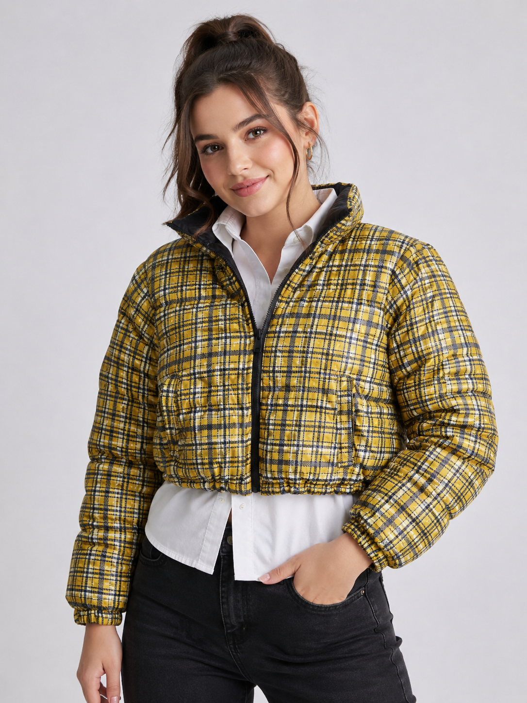 PRETTYLITTLETHING yellow check puffer jacket in UK size M. Stylish cropped padded design with zip fastening, high collar and bold plaid pattern.