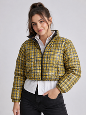 PRETTYLITTLETHING yellow check puffer jacket in UK size M. Stylish cropped padded design with zip fastening, high collar and bold plaid pattern.