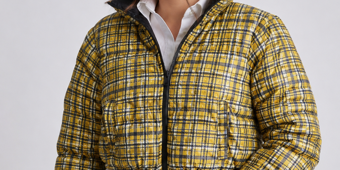 PRETTYLITTLETHING yellow check puffer jacket in UK size M. Stylish cropped padded design with zip fastening, high collar and bold plaid pattern.