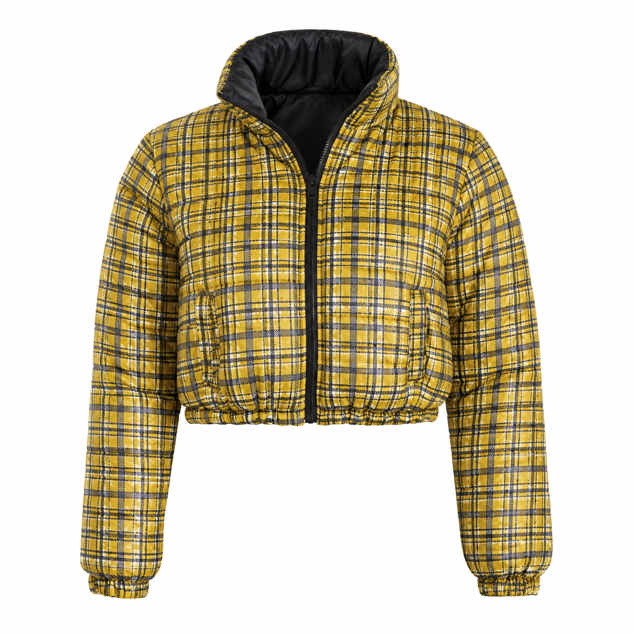 PRETTYLITTLETHING yellow check puffer jacket in UK size M. Stylish cropped padded design with zip fastening, high collar and bold plaid pattern.