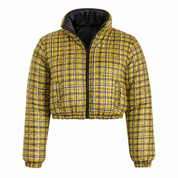 PRETTYLITTLETHING yellow check puffer jacket in UK size M. Stylish cropped padded design with zip fastening, high collar and bold plaid pattern.