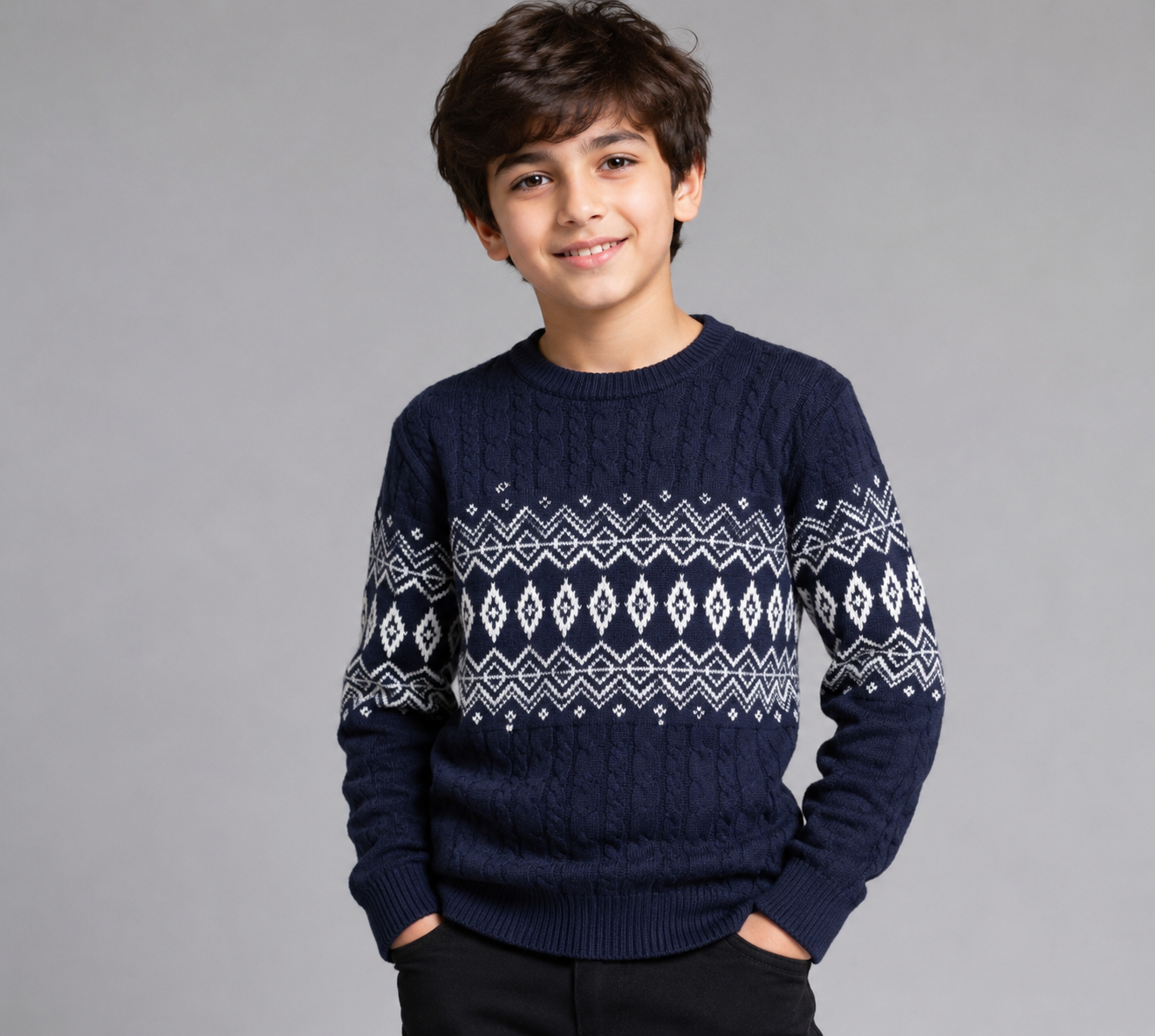  Pri Mark boys’ navy Fair Isle cable knit sweater, UK 11–12 years, featuring a stylish white pattern and comfortable winter-ready design.