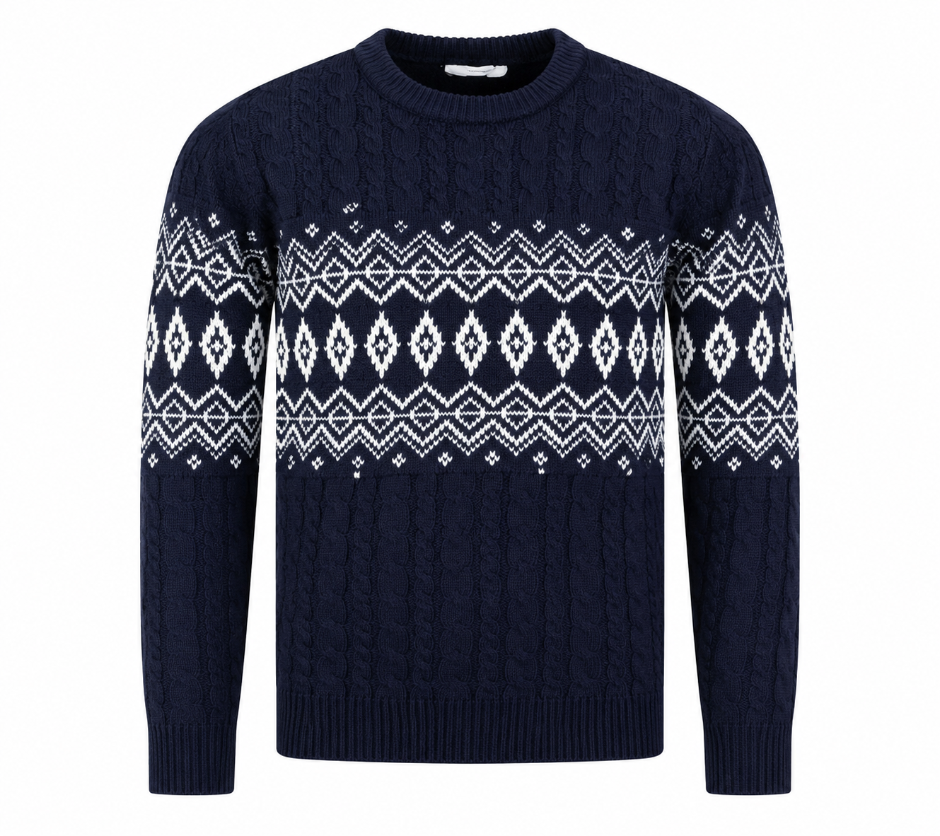  Pri Mark boys’ navy Fair Isle cable knit sweater, UK 11–12 years, featuring a stylish white pattern and comfortable winter-ready design.