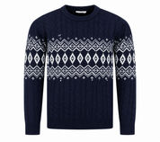  Pri Mark boys’ navy Fair Isle cable knit sweater, UK 11–12 years, featuring a stylish white pattern and comfortable winter-ready design.