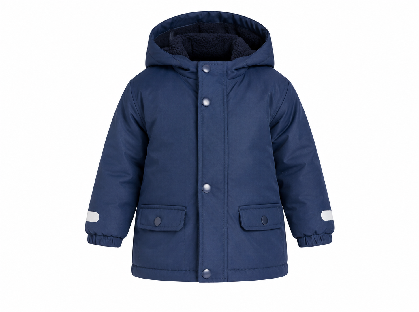  PRIMARK baby boy navy hooded winter coat in UK 18-24 months. Cosy fleece-lined hood, padded design, snap fastening and practical pockets.