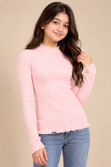 Primark Baby Pink Ribbed High Neck Long Sleeve Top