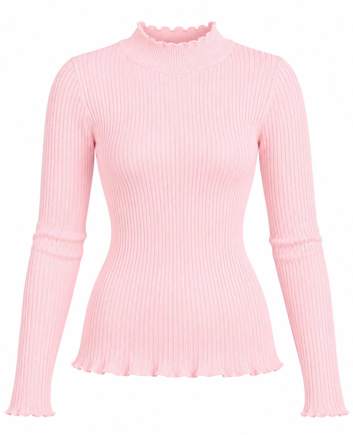 this Primark baby pink ribbed high neck top in UK Size M. A stylish fitted long-sleeve design with delicate frilled edges, perfect for everyday wear.