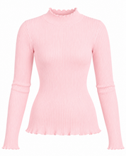  this Primark baby pink ribbed high neck top in UK Size M. A stylish fitted long-sleeve design with delicate frilled edges, perfect for everyday wear.