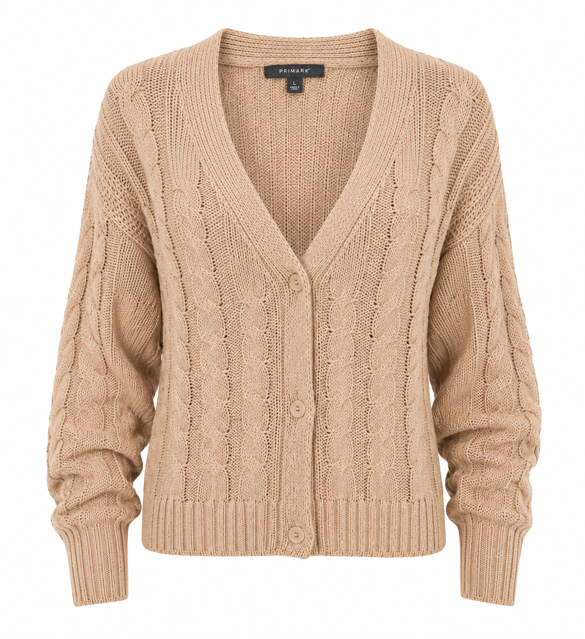 PRIMARK beige cable knit cardigan in UK size L. Featuring a V-neck, button front and cosy textured knit design, perfect for stylish everyday layering.