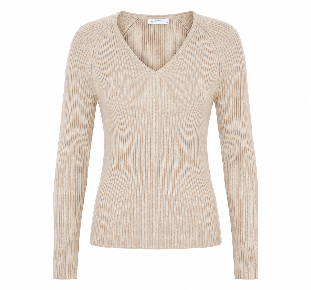 beige ribbed V-neck knit sweater, UK size L. Stylish long-sleeve jumper with a versatile neutral colour, perfect for casual everyday wear.