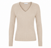 beige ribbed V-neck knit sweater, UK size L. Stylish long-sleeve jumper with a versatile neutral colour, perfect for casual everyday wear.