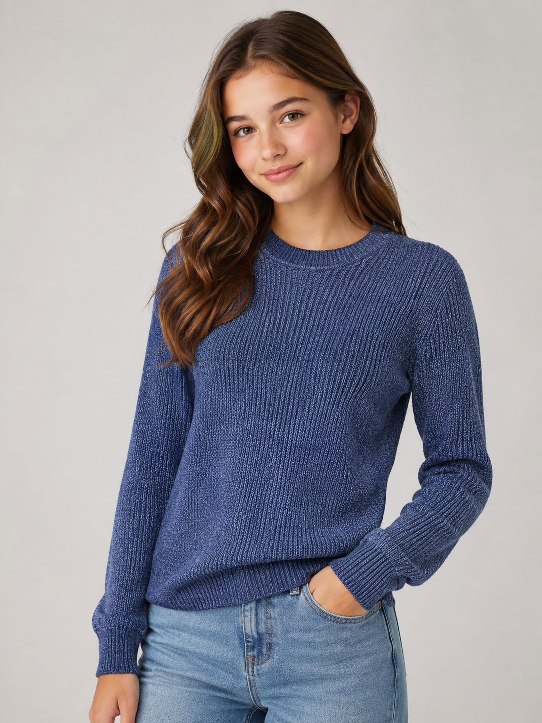  PRIMARK blue textured knit sweater for girls, UK size S. Classic crew neck, long sleeves and cosy knit design for stylish everyday wear.