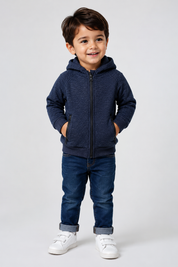  PRIMARK boys navy blue hooded zip-up jacket in UK size 2-3 years. Features a full zip, hood, two zip pockets and ribbed cuffs and hem.