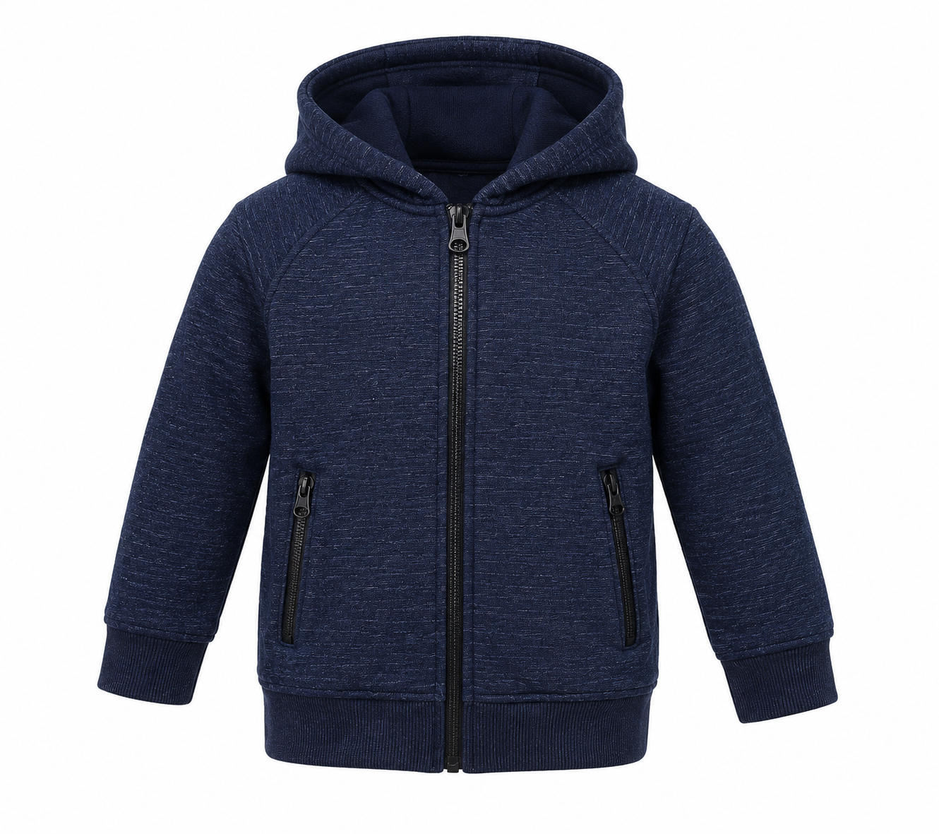  PRIMARK boys navy blue hooded zip-up jacket in UK size 2-3 years. Features a full zip, hood, two zip pockets and ribbed cuffs and hem.
