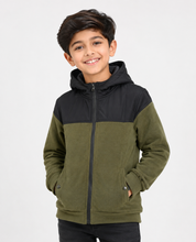 PRIMARK boys olive green and black hooded fleece jacket, UK size 9-10 years. Full zip, warm casual design with pockets, ideal for everyday winter wear.