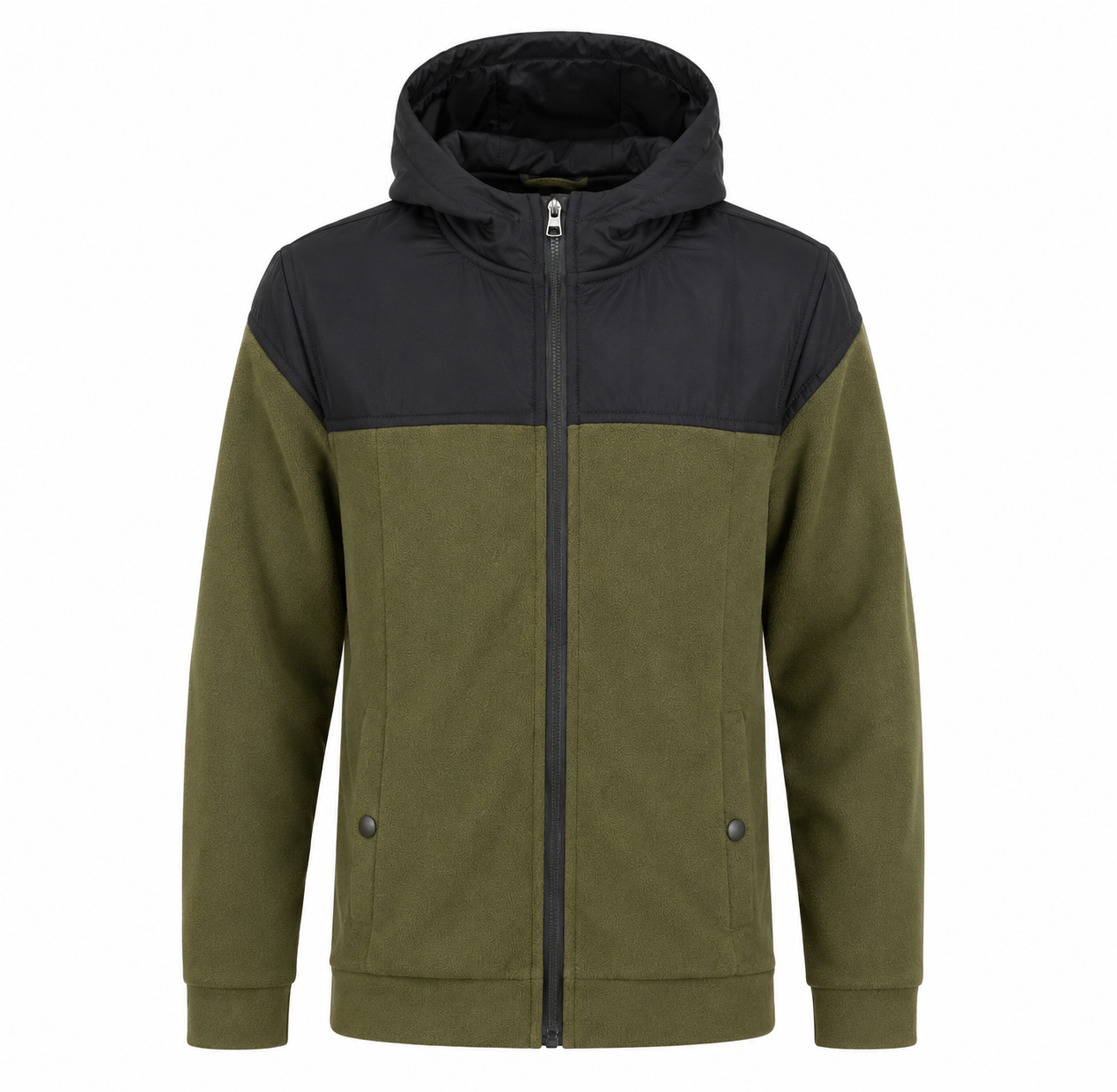 PRIMARK boys olive green and black hooded fleece jacket, UK size 9-10 years. Full zip, warm casual design with pockets, ideal for everyday winter wear.