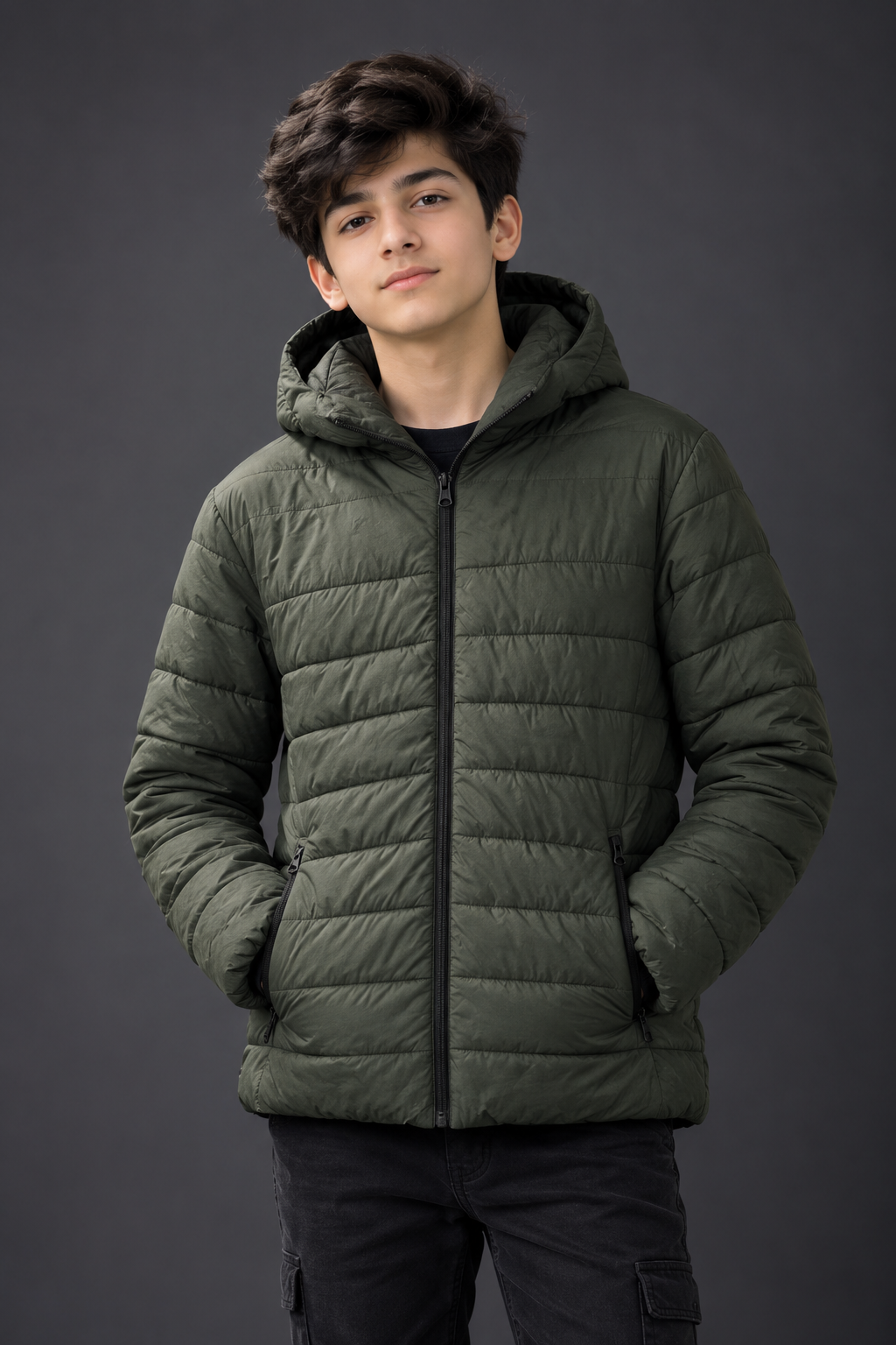   PRIMARK boys’ olive green hooded puffer jacket in UK 13/14 years, featuring quilted padding, zip pockets and a full front zip—perfect for everyday winter wear.