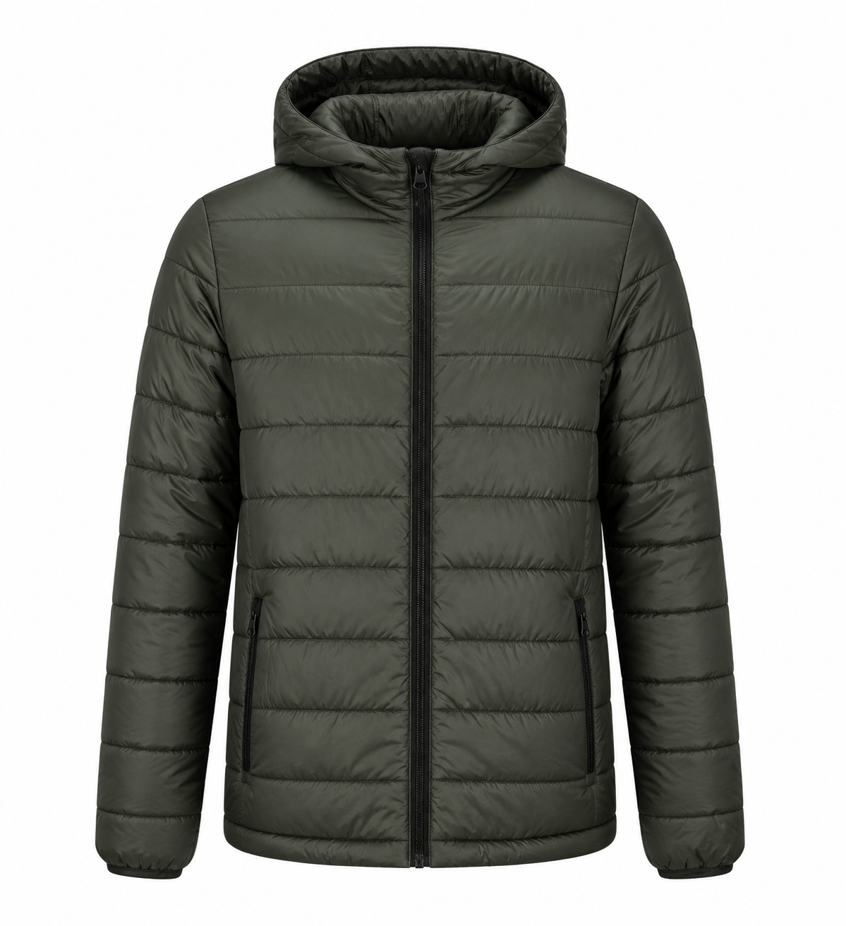   PRIMARK boys’ olive green hooded puffer jacket in UK 13/14 years, featuring quilted padding, zip pockets and a full front zip—perfect for everyday winter wear.
