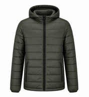   PRIMARK boys’ olive green hooded puffer jacket in UK 13/14 years, featuring quilted padding, zip pockets and a full front zip—perfect for everyday winter wear.