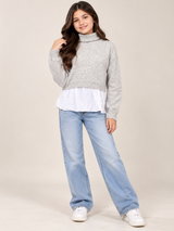 Primark Cares Girls Grey Roll Neck Layered Knit Jumper with White Shirt Hem