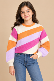  Primark girls’ multicolour striped knitted jumper in UK 10-11 years. Colourful cropped design with soft textured knit and long sleeves.