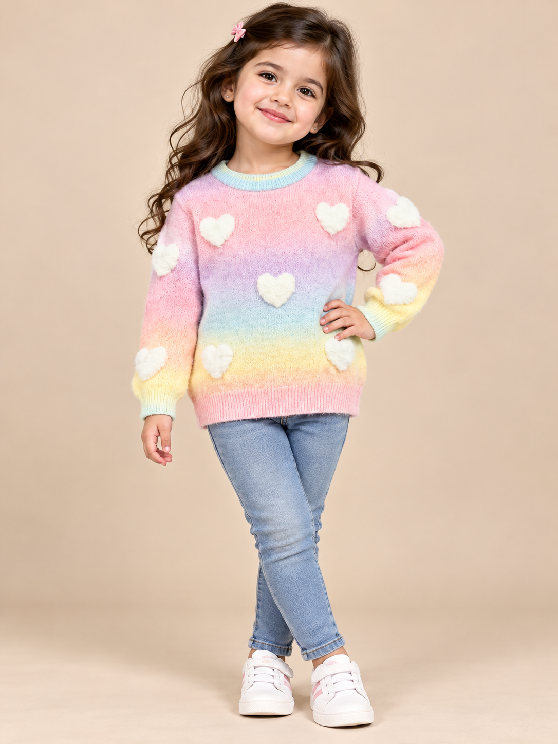 Primark Girls' Pastel Rainbow Heart Knit Jumper in UK size 3–4 years. Cute fluffy heart design, soft knit and cosy long sleeves. Shop now!
