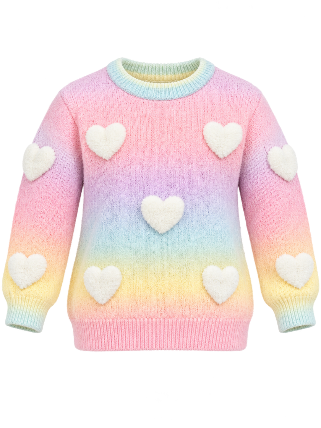 Primark Girls' Pastel Rainbow Heart Knit Jumper in UK size 3–4 years. Cute fluffy heart design, soft knit and cosy long sleeves. Shop now!