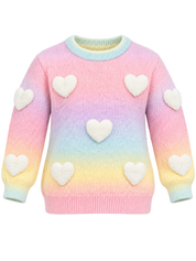 Primark Girls' Pastel Rainbow Heart Knit Jumper in UK size 3–4 years. Cute fluffy heart design, soft knit and cosy long sleeves. Shop now!