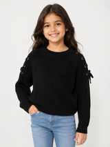 Primark Girls Black Ribbed Knit Sweater with Gold Eyelet Lace-Up