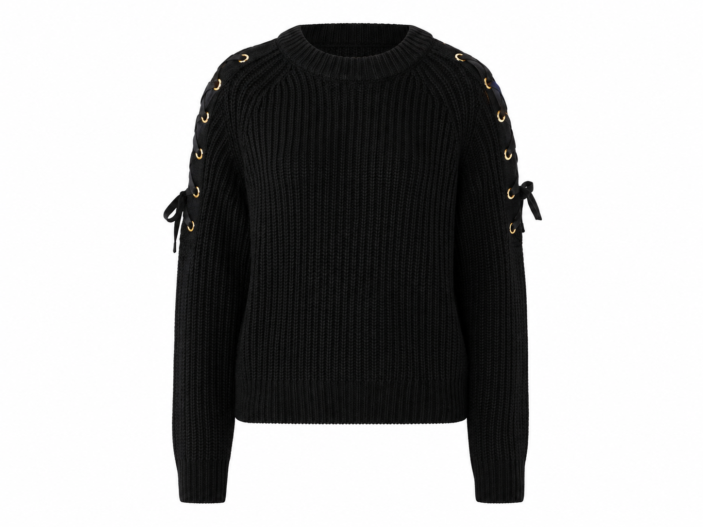  Primark girls' black ribbed knit sweater in UK size 8-9 years. Stylish gold eyelet lace-up sleeve detail, cosy design and perfect for everyday wear.
