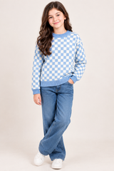 PRIMARK Girls Blue & White Checkered Knit Sweater