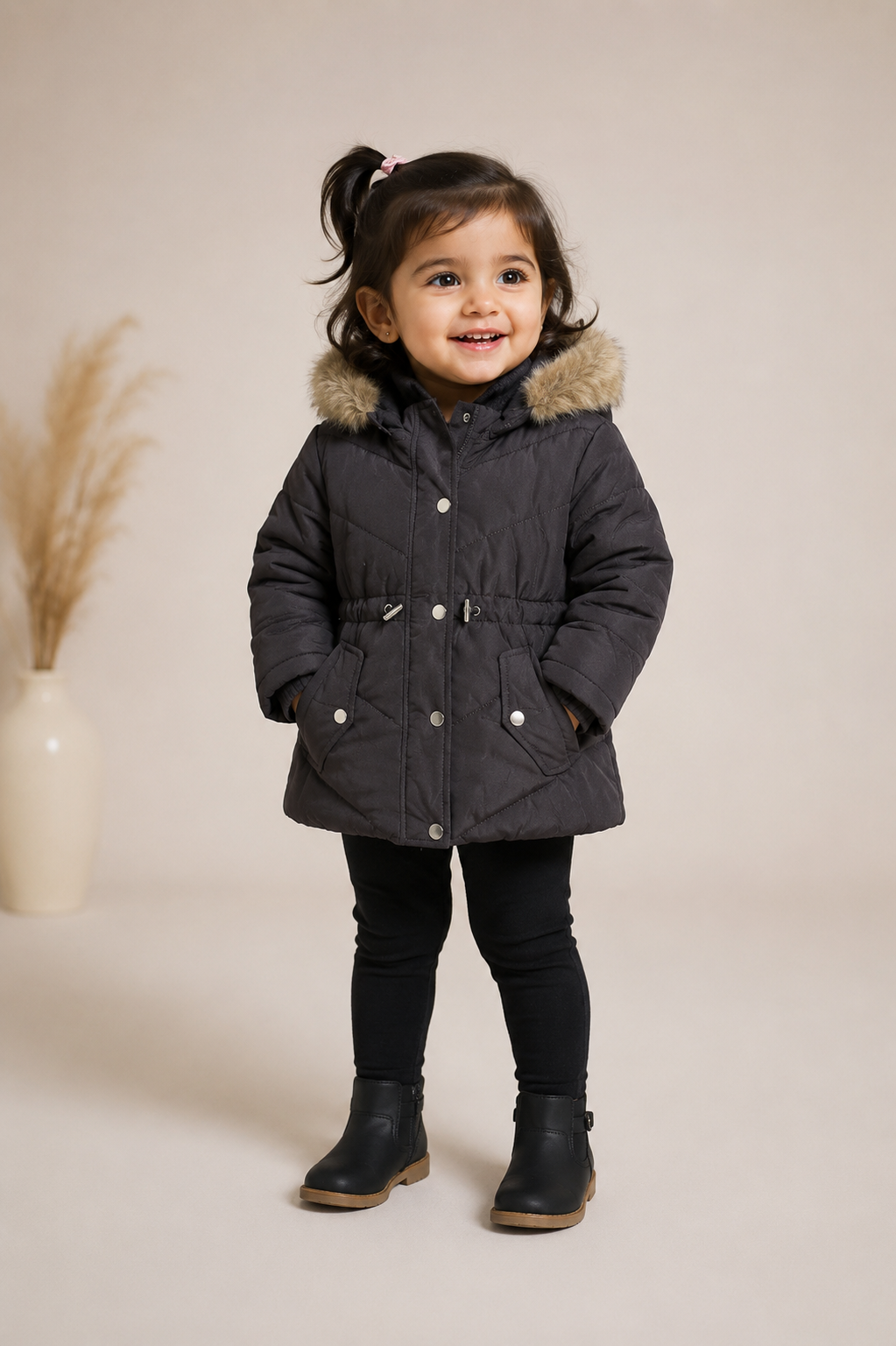  PRIMARK Girls Charcoal Faux Fur Hooded Puffer Jacket. Warm quilted winter coat with faux fur hood, adjustable waist, and stylish design for girls. Comfortable, durable, and perfect for cold weather.