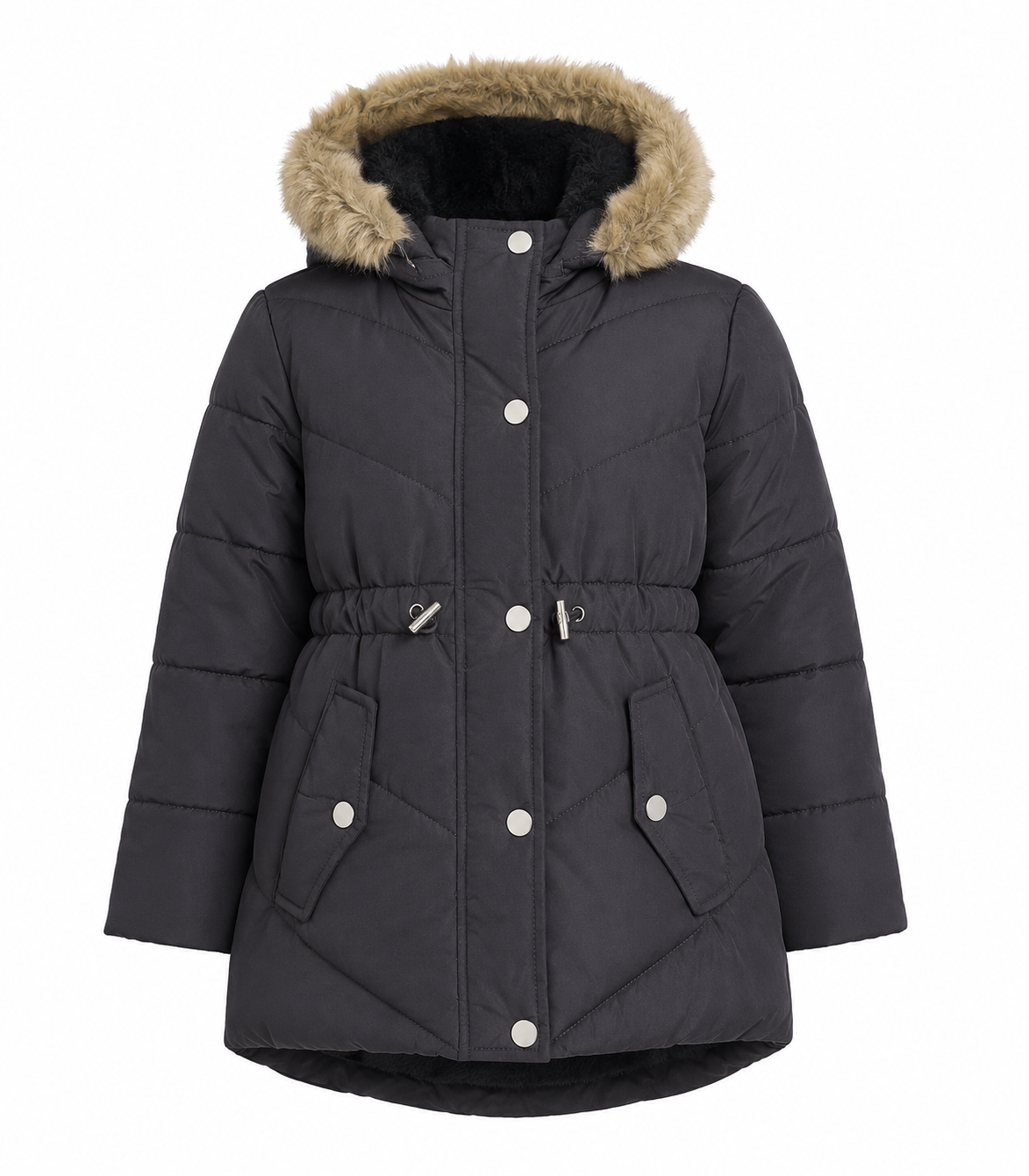  PRIMARK Girls Charcoal Faux Fur Hooded Puffer Jacket. Warm quilted winter coat with faux fur hood, adjustable waist, and stylish design for girls. Comfortable, durable, and perfect for cold weather.