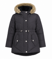  PRIMARK Girls Charcoal Faux Fur Hooded Puffer Jacket. Warm quilted winter coat with faux fur hood, adjustable waist, and stylish design for girls. Comfortable, durable, and perfect for cold weather.