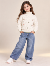 Primark Girls Cream Cable Knit High Neck Jumper with Pom Pom & Star Details