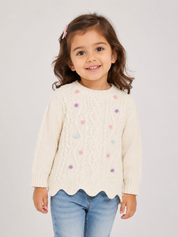  Primark girls’ cream cable knit sweater with pastel pom-pom details, long sleeves and scalloped hem. UK size 3-4 years.