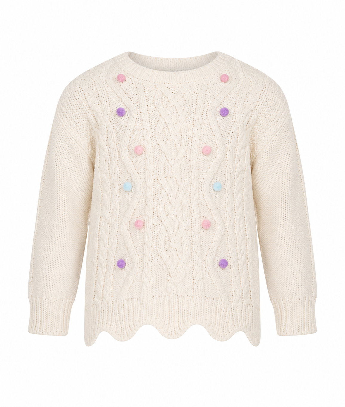  Primark girls’ cream cable knit sweater with pastel pom-pom details, long sleeves and scalloped hem. UK size 3-4 years.